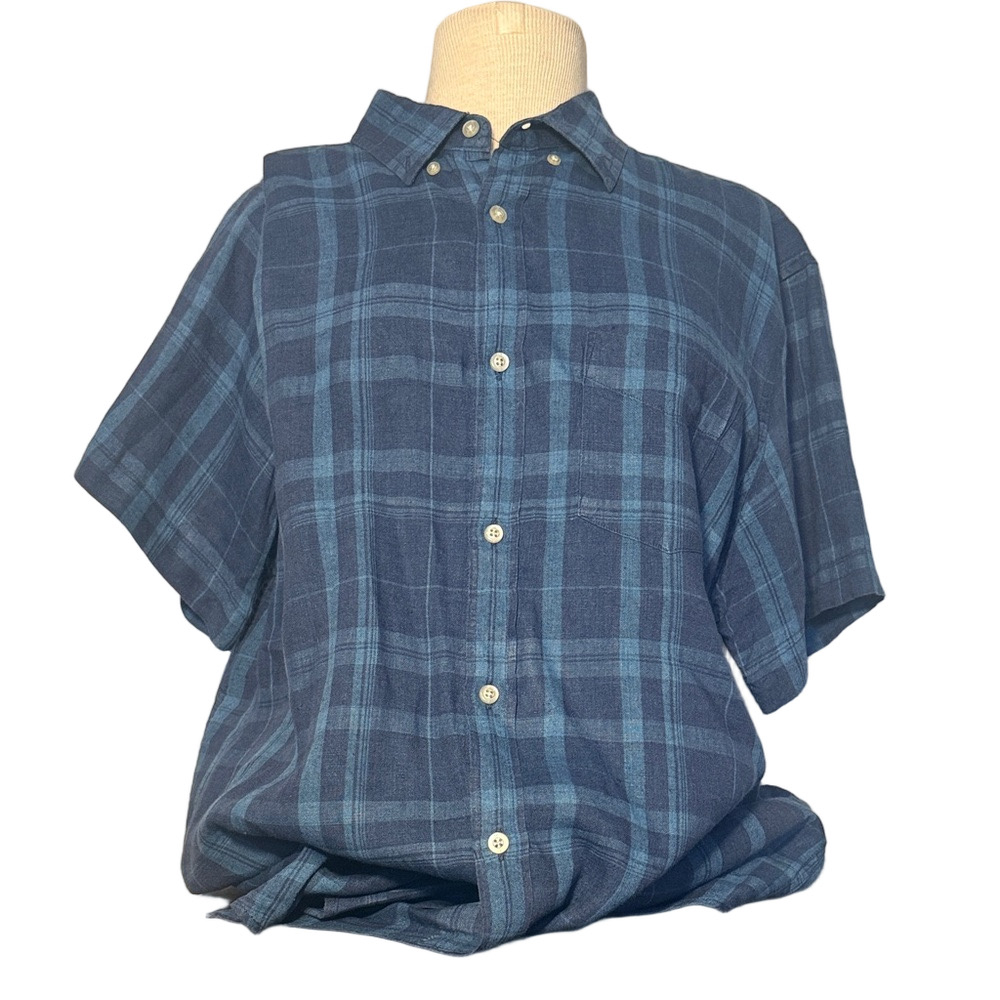Banana Republic Blue Plaid 100% Linen Short Sleeve Button Up Shirt Men’s XL